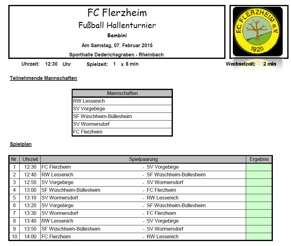 Bambini Turnier Spielplan 07.02.15